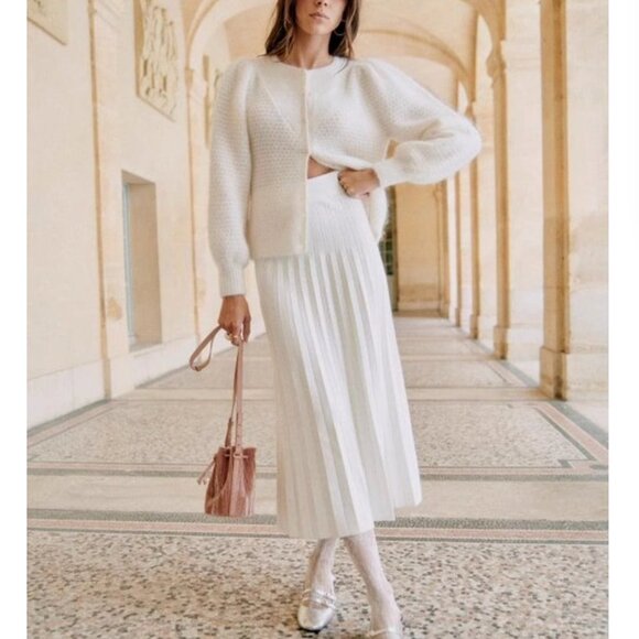 BEST Sezane Leonine Knit Midi Skirt Small Ecru Ivory Off White French Stretchy - Picture 3 of 11